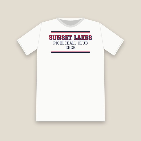 Example white club shirt for Sunset Lakes Pickleball Club